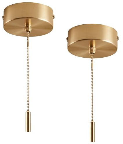 VLUNT Bathroom Pull Cord Light Switch Kit Gold Metal Pull String Handle | 150cm Ceiling Light Pull for Bathroom, Shower or Bedroom, 2-Pack [Energy Class A+]