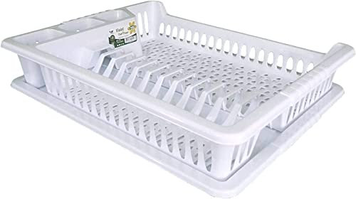 Usave Large Plastic Dish Drainer Plate Cutlery Rack Cup Glass Plate Rack with Drip Tray (White)