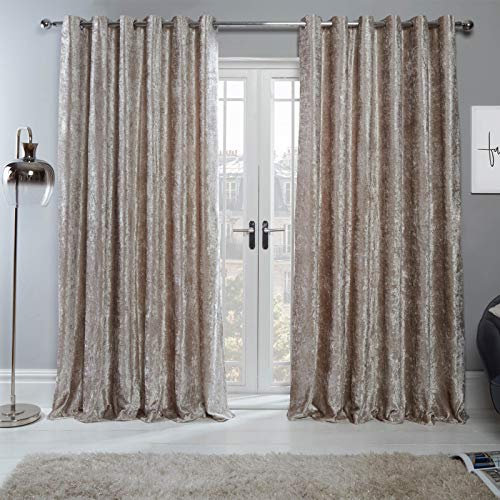 Sienna Natural Gold Crushed Velvet Curtain Eyelet Ring Top Pair of Fully Lined Curtains, Soft Luxury Thermal Insulated Curtains Window Treatment 2 Panel, 90 x 90