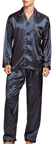Sanraflic Men’s Sleepwear Satin Pyjama Set Nightwear Loungewear (Blue Golden, Large)