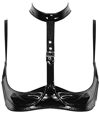Damen Lack Leder BH Push up Bra Verstellbare träger Büste Hebe Top Neckholder M