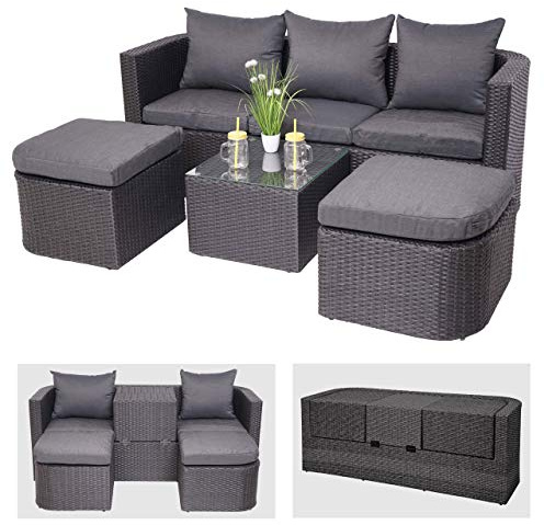 Mendler 3in1-Garnitur HWC-J37, Garten-/Lounge-Set Sonneninsel, Spun Poly Poly-Rattan MVG - anthrazit, Kissen dunkelgrau