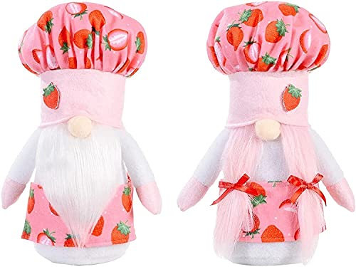 X&Z-XAOY 2 Pcs Kitchen Chef Gnome,Fall Garden Ornaments Plush Dwarf, Strawberry Farmhouse Decorations,Pink Swedish Figurine Decor