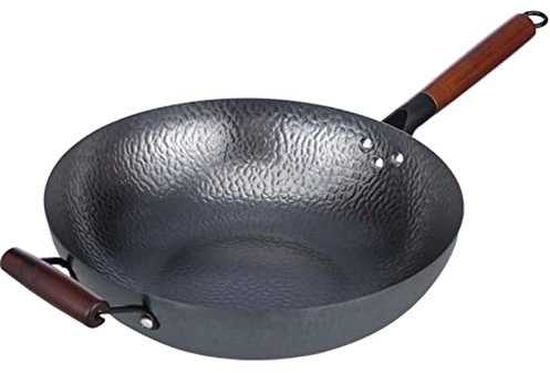 ECOLEK Wok in Acciaio al Carbonio, Pow Wok in Acciaio al Carbonio martellato a Mano Tradizionale Cinese Professionale con Manico in Legno e Supporto in Acciaio (34cm)