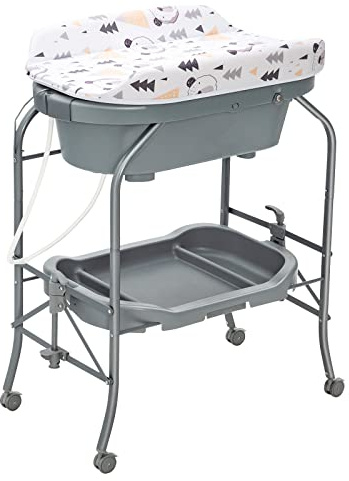 GOPLUS 4 en 1 Cambiador con Bañera, Cambiador de Pañales Plegable y Portátil con Bandeja de Almacenamiento y 4 Ruedas Universales con Frenos, para Bebés de 0-12 Meses, Carga hasta 35 kg (Gris)