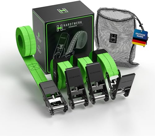HARDTWERK® Cinghie di serraggio con cricchetto (4 pezzi) – 6m, forza di presa 1000 kg, certificate TÜV & GS, cinghie a cricchetto versatili, per uso professionale, rimorchi, bagagli e campeggio, Verde