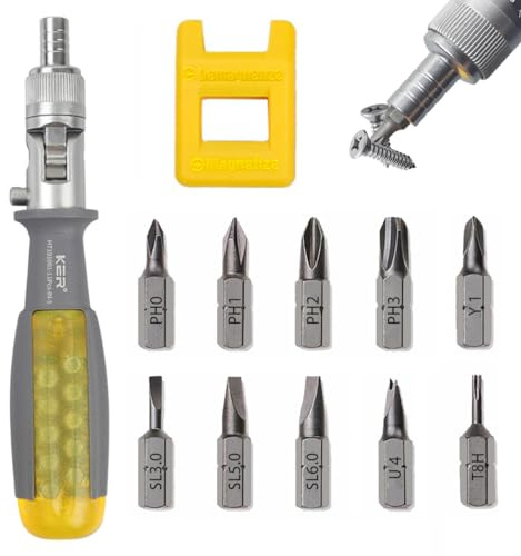 KER 11 in 1 Ratcheting Multitool Screwdriver Multi-function Magnetic Screwdriver Professional Angle Screwdriver Repair Tool (Yellow（Magnetic）)