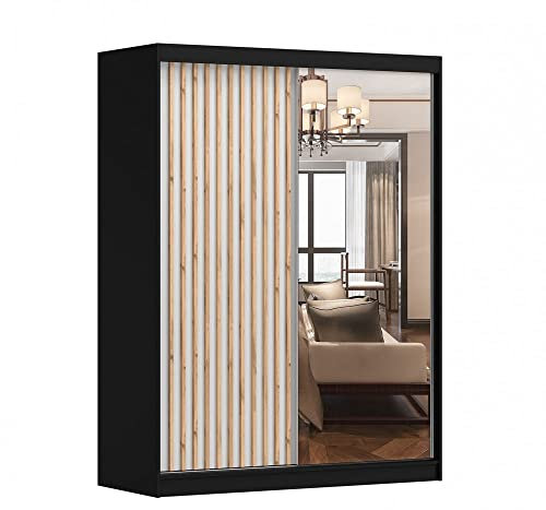 Fabryka Mebli Idźczak Kleiderschrank mit Spiegel, Lamellen, Schiebetüren - Schwebetürenschrank, Schlafzimmerschrank - 61 x 150 x 200 cm - Weißer, Schwarzer Schrank für Schlafzimmer, Garderobe