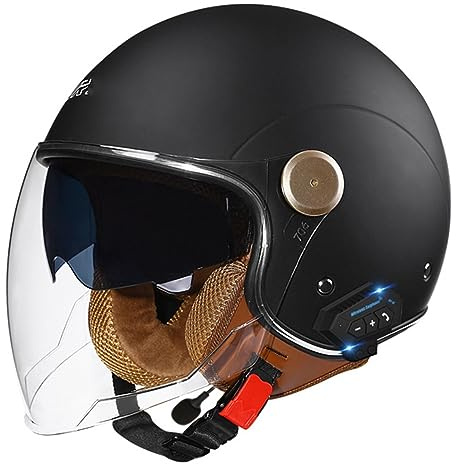 BGGNG Bluetooth Casques Moto Jet,ECE Homologué 3/4 Demi-Casque De Moto Vintage,Casque Moto Et Scooter Compact avec Anti Scratch Double Visiere Quatre Saisons Casques Moto D,L=59-60cm