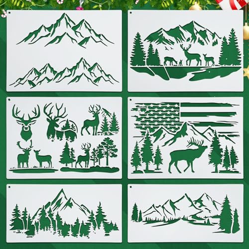 6pz Stencil per Paesaggi di Montagna - Modello Riutilizzabile di Cervo e Alberi per Dipingere su Legno, Decorazioni da Parete e Natura Artigianale