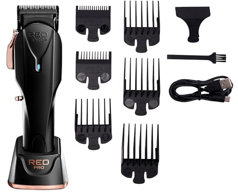 RED Pro Professional Cordless Hair Clipper for Men, Electric Rechargeable Hair Clipper Set for Barbers and Stylists with Up to 150 Minutes Battery Life, 6 Clippers Guide Included (Matte Black)