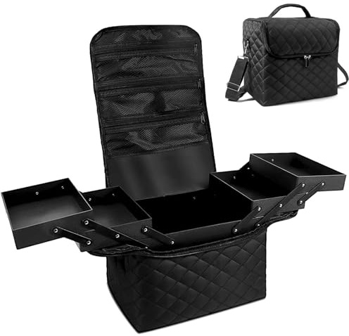 Large Makeup Train Case, Black Vanity Case and Nail Organiser Storage Box | Portable Travel Make Up Case for Nail Polish, Cosmetics, Beauty and Nail Tech Tools, 27 x 20 x 25.4 cm