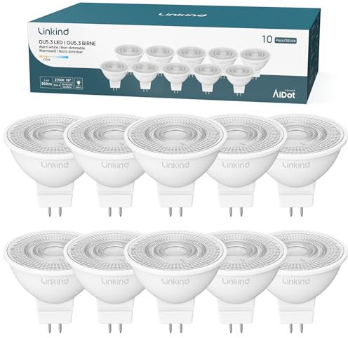 Linkind Bombilla LED GU5.3 MR16, 3.4W Equivalente 35W Bajo Consumo,2700K Blanco Cálido, no regulable, Ángulo de haz estrecho 36 °, Pack de 10