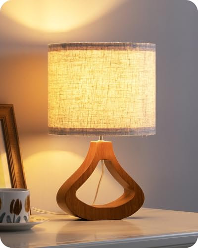 EDISHINE Wooden Bedside Lamp, 34cm Table Lamp for Living Room Bedroom, Linen Lampshade, E27 Socket, 2700K LED Bulb Included, Pearwood Color