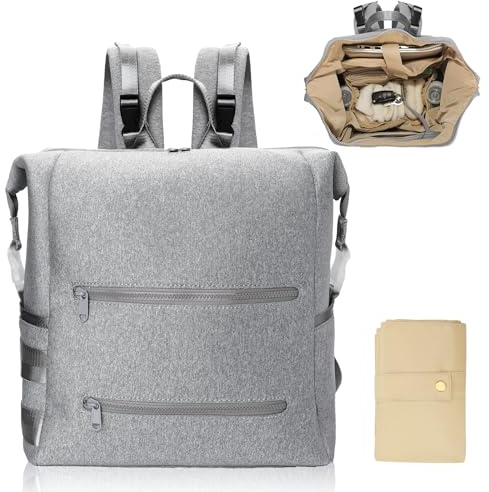 MISS FONG Baby Wickelrucksack Wickeltasche Rucksack, Baby Wickeltasche Groß, mit Faltbarer Wickelunterlage, Schnullerhalter und Kinderwagengurten, Weit öFfnender Babytasche für Mama und Papa, Grau