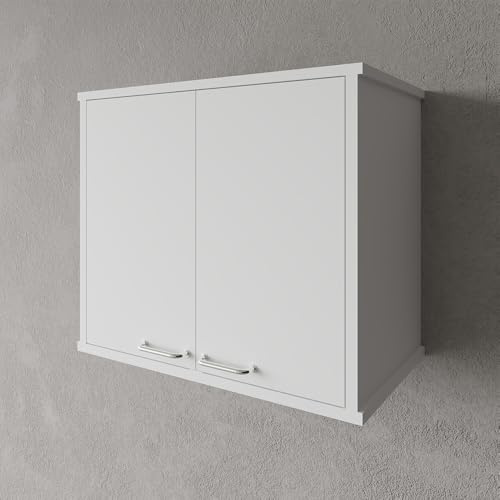 Pensile sospeso lavanderia 60x34 cm in PVC bianco con ante, ripiano interno e fissaggi inclusi, KANDY