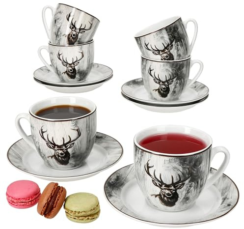 MamboCat Alois Kaffeetassen mit Untertassen für 6 Personen I Porzellan-Set mit Hirsch-Dekor für Frühstück & Kaffee I Je 6X Teetassen 200ml & Untertassen