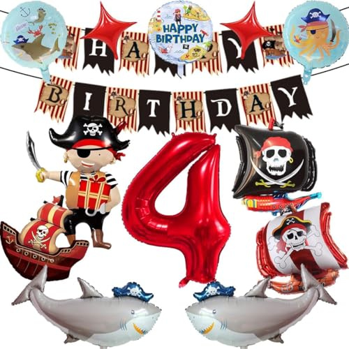 Decoración de cumpleaños con tema pirata para niños de 4 años, Globos de barco pirata, globos de helio con tiburones oceánicos, Primera opción para cumpleaños infantiles (4)