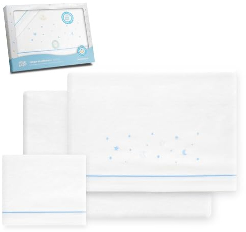 Interbaby Set med lakan spjälsäng 60 x 120% bomull, 100% bomull, flanell, varm, mjuk, lakan med låg filt, bänkskiva och örngott, perfekt för vinter, stjärnmåne vit/blå