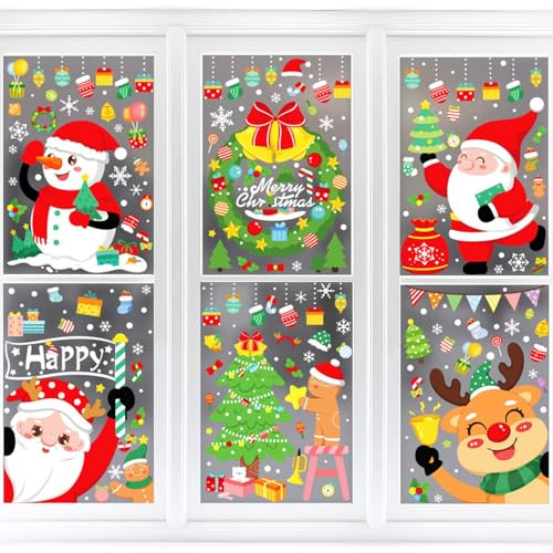 Lot de 178 images de fenêtre de Noël statiques - Décoration de Noël pour fenêtre - Double face - Avec motif de Père Noël, renne, bonhomme de neige et bonhomme en pain d'épice (6 feuilles)