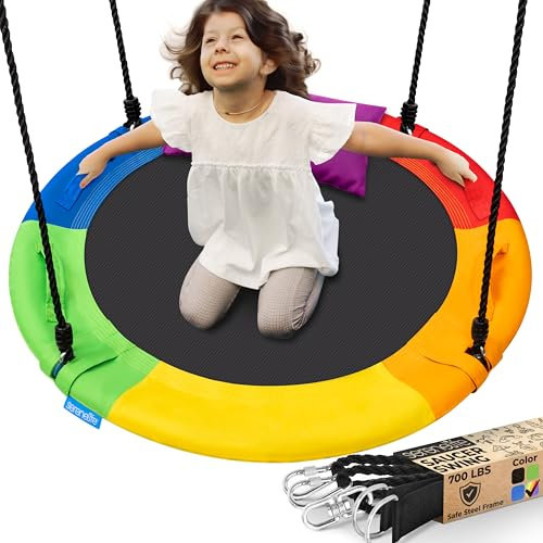 SereneLife Tree Swing Seat, Large Round Saucer Kids Swings, Adults and Kids Nest Swing, Durable Frame, 318kg Capacity, Indoor Outdoor Hanging Rope Swinging Seat for Backyard, Garden and More – Rainbow