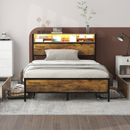Modernes Flachbett Für Kinder, Gestell Mit Lattenrost Und Led-kopfteil, Mit Usb-aufladung Und 4 Schubladen, Geeignet Für Schlafzimmer, Wohnung (matratze Nicht Im Lieferumfang Enthalten(Size:140*200cm)