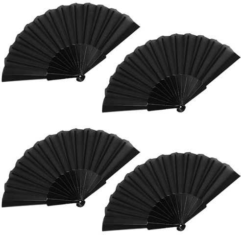 AMJKEJI Hand Fan Folding, 4 Pcs Black Folding Fan, Fabric Hand Fan, Chines Style Handheld Fans for Dancing Cosplay Props Wall Decoration Wedding Party Birthday Christmas