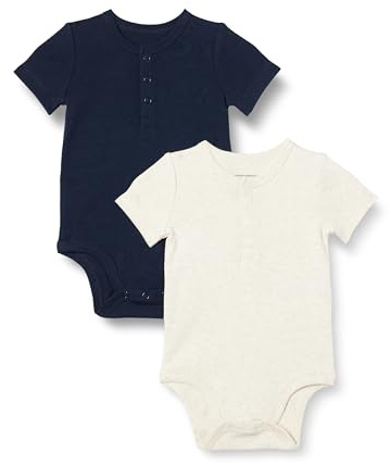 Amazon Essentials unisex-baby Henley Bodysuit, Havregryn ljung/marinblå, 12 månader