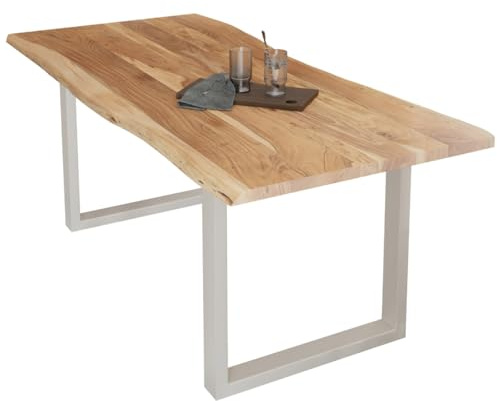 Liadomo Esstisch 180x90 Diala Natur, U-Gestell weiß | Baumkante, Akazie Massivholz Tisch, 35 mm Tischplatte lackiert, Metallgestell, Robust & Pflegeleicht, bis zu 8 Personen