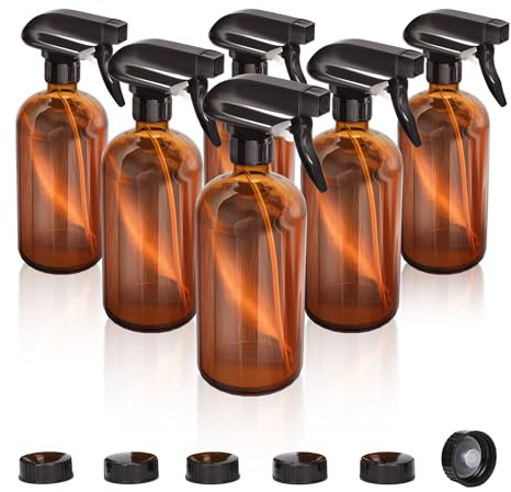 jxgzyy Leere Glas-Sprühflaschen, bernsteinfarben, 6 Stück (500 ml), nachfüllbarer Behälter für ätherische Öle, Reinigungsnebel, Wassersprühflasche, verstellbarer Sprühkopf mit