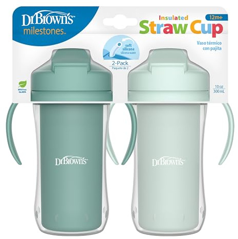 Dr. Brown's Milestones Insulated Tumbler with Straw and Handles, Leak-Proof Vacuum Insulated Tumbler with Lid, 10 oz, BPA Free, Green (Pack of 2)