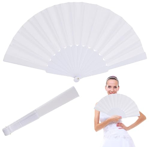 TSKDKIT 2 Stück HandfäCher Faltbare FäCher Weiß, Fächer Hochzeit Dekoration Chinesische Fächer Klappfächer für gastgeschenke Hochzeit, Tanzrequisiten, Fotografie, Sommer Party(Weiß,43 cm)