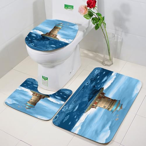 FEHWI Badezimmerteppich 3 Teil Mikrofaser -Saugbad Teppichpolster für Dusche,Badewanne und Toilette,Maschine waschbar,Leuchtturm Möwen Vögel Architektur Maritimes Riff Fische Unterwasser