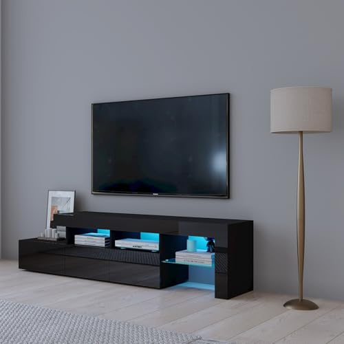 Black TV Stand Cabinet with LED Lights, High Gloss TV Unit with 3 Drawers | 2 Open Shelves, 1 Glass Shelf, LED TV Stand Entertainment Center Unit for Living Room, Dining Room, Bedroom