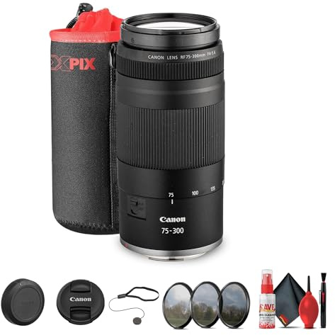 Canon RF 75-300mm F4-5.6 Telephoto Zoom Long-Range Autofocus Lens for EOS R Mirrorless Cameras + 58mm 3 Piece Filter Kit + Large Lens Bag + Cap Keeper + Cleaning Kit