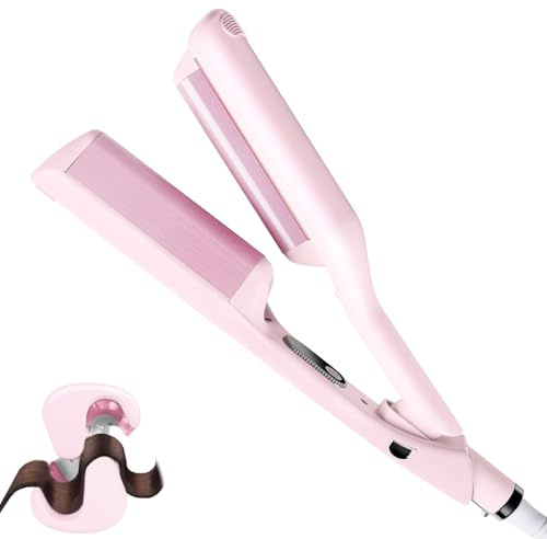 1 1/4 Inch Hair Waver Crimper,Cimper Tool Hair Crimper Waver,Deep Wave Iron with 2 Ceramic Barrel,Pink