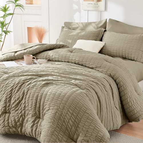 HYMOKEGE Linen Full Size Comforter Sets Seersucker 7 Pieces, All Season Luxury Bed in a Bag for Bedroom, Bedding Set with Comforter, Sheets, Pillowcases & Shams