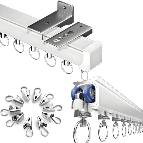 Gardinenstange Deckenmontage Vorhangschiene 1 läufig 50cm-600cm, Raumteiler Gardinen Schienensystem Aluminium Gardinenschiene Vorhangstange mit Metall-Gardinen-Clips(180cm)