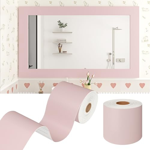 WESTICK Matte Pink Mirror Frame Border for Bathroom Waterproof Thick Bulletin Board Borders Self Adhesive Removable Cream Pink Wallpaper Borders for Classroom Office Nursery Decor 3.9x160