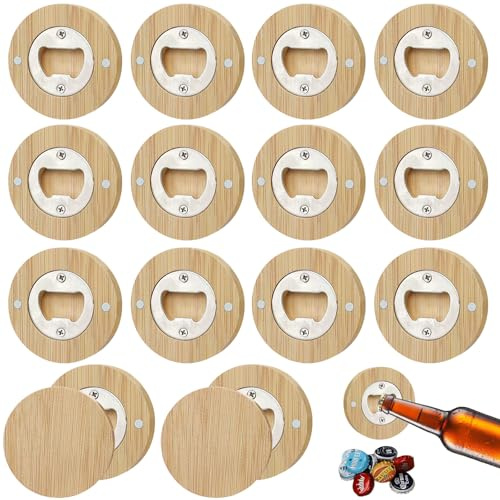 Abrebotellas de madera, 16 unidades, abrelatas de cerveza, abridor de botellas redondo de madera, bambú magnético adsorbible, personalizado ideal para hombres