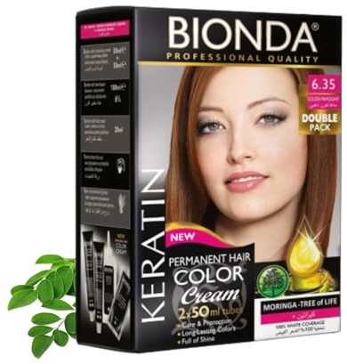 Bionda Professional Hårfärg 6.35 Gyllene Mahogny 200 ml Dubbelpack Keratin | Permanent cremefärg med keratin och moringa som täcker grått till 100% och ger jämn, långvarig färg med lyster