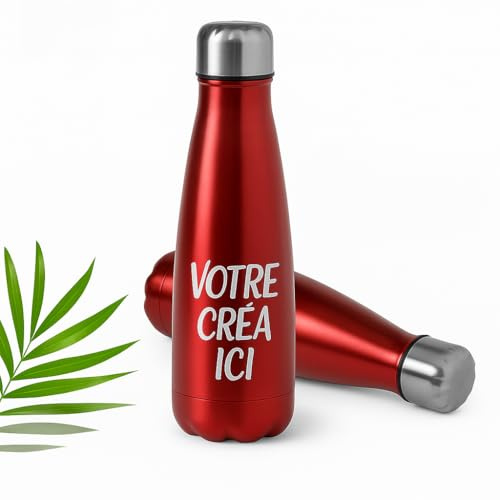 Gourde personnalisable 60cl - Bouteille acier inoxydable 25x7cm Étanche pour Sport, Bureau, Voyage [ Gourde anti fuite ] (Rouge)