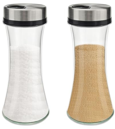 Realand Zuckerspender mit 3 verstellbaren Ausgießern, 200 ml Glaszuckerstreuer, Ausgießer für Kaffeebar und Station, luftdichte Salz- und Pfefferstreuer, Gewürzbehälter, 2 Stück