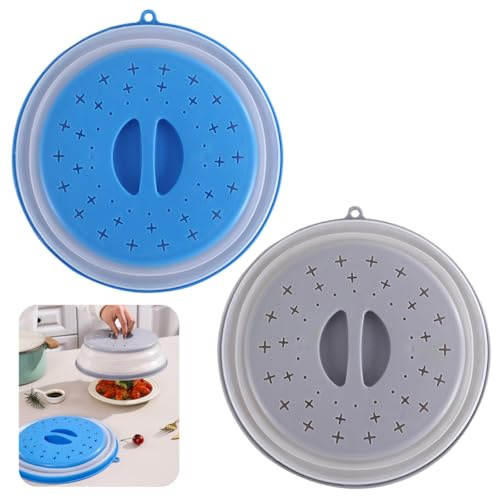 Mikrowellen Abdeckung Faltbar, 2 Stück Mikrowellenhaube 27cm, Microwellenabdeckungen, Spritzschutz Mikrowelle Abdeckhaube mit Haken, auch als Filterkorb mit Dampflöchern (Blau + Grau)