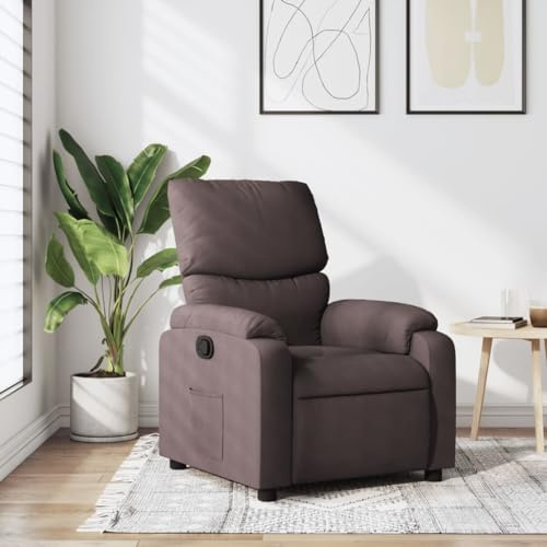 Yunovire Relaxfåtölj mörkbrun tyg, manuell liggfunktion, bekväm TV-fåtölj för vuxna, sovrum, vardagsrum, med sidoficka, trä metallram, modern design, hög stabilitet