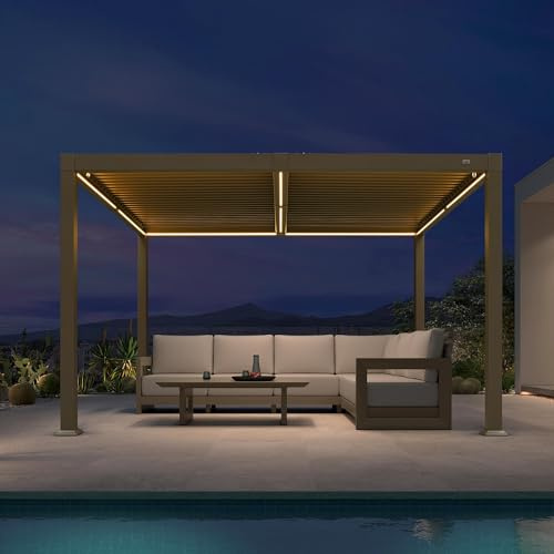 PURPLE LEAF Pergola 3 × 3,65 m LED Lamellendach mit Entwässerung Champagner | Solar- & USB-Stromversorgung, 3 Lichtfarben, Robuster Alurahmen, Verstärkte Pfosten Wetterbeständig, Klare Montageanleitung