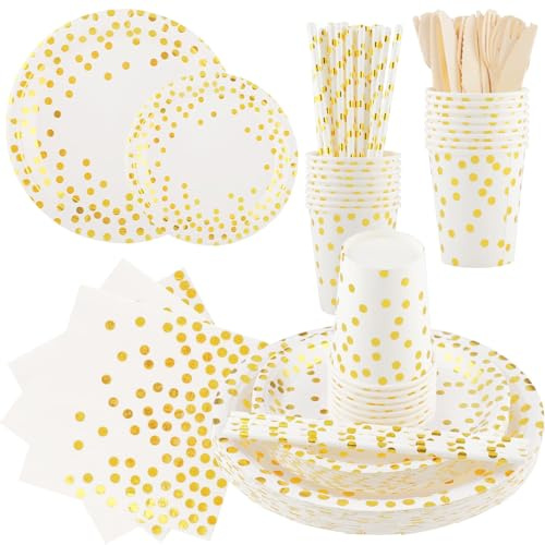 Shodiffy Stoviglie per Feste di Compleanno, 200 Pezzi Piatti Set Stoviglie Decorazioni con Coltello in Legno Forchetta Cucchiaio Piatto Tovaglioli per 25 Ospiti