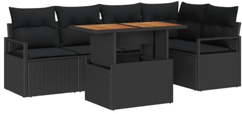 Foknhdi Garten-Essgruppe 6-TLG Schwarz-Braun 100x55x73 cm Poly-Rattan Akazienholz modular platzsparendes Balkon-Set mit Stauraum für kleine Terrassen Garten und Sonneninsel