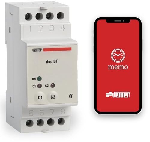 VEMER VE799900 DUO BT - Interruttore Orario Astronomico con Bluetooth e APP, Timer Digitale Barra DIN 2 Moduli, 2 Relè, Alimentazione 230V, Bianco
