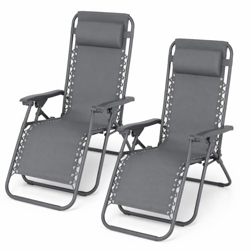 TIENDA EURASIA - Tumbonas de Jardín Plegables para Exterior | Pack 2 Unidades | Multiposiciones Gravedad Zero | Estructura de Acero y Textileno | 177X65X113 cm | Cojín Incluido (Gris)